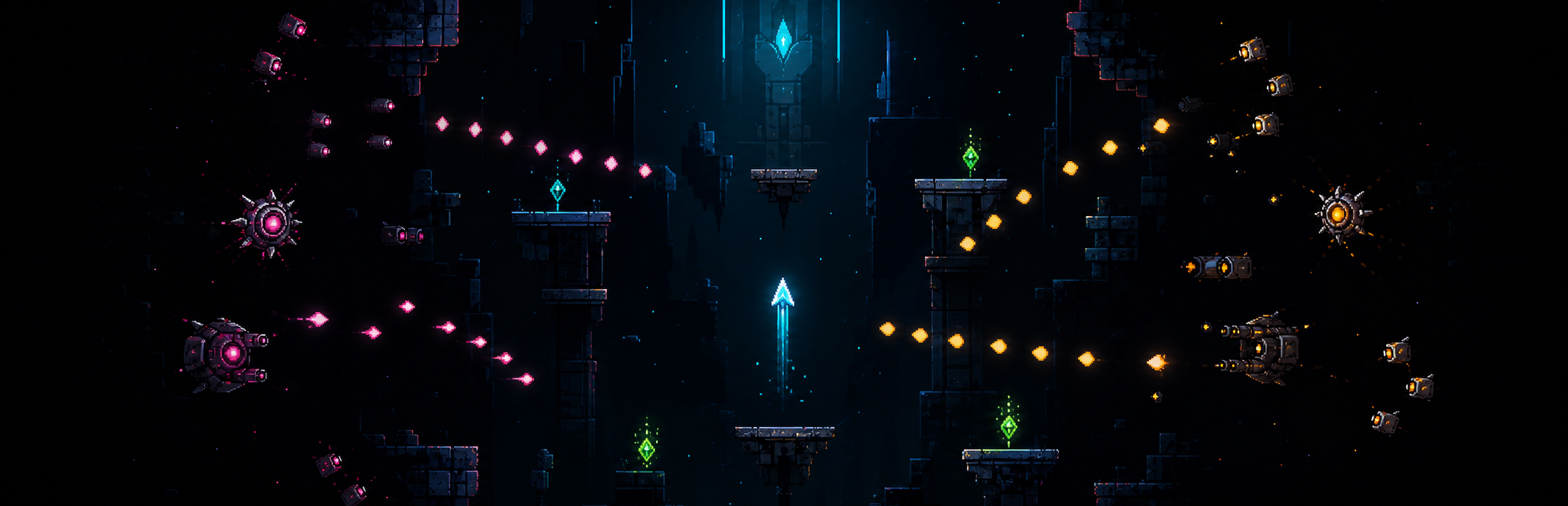 A.K.O ship flying between platforms, enemy formations, and bright signal markers