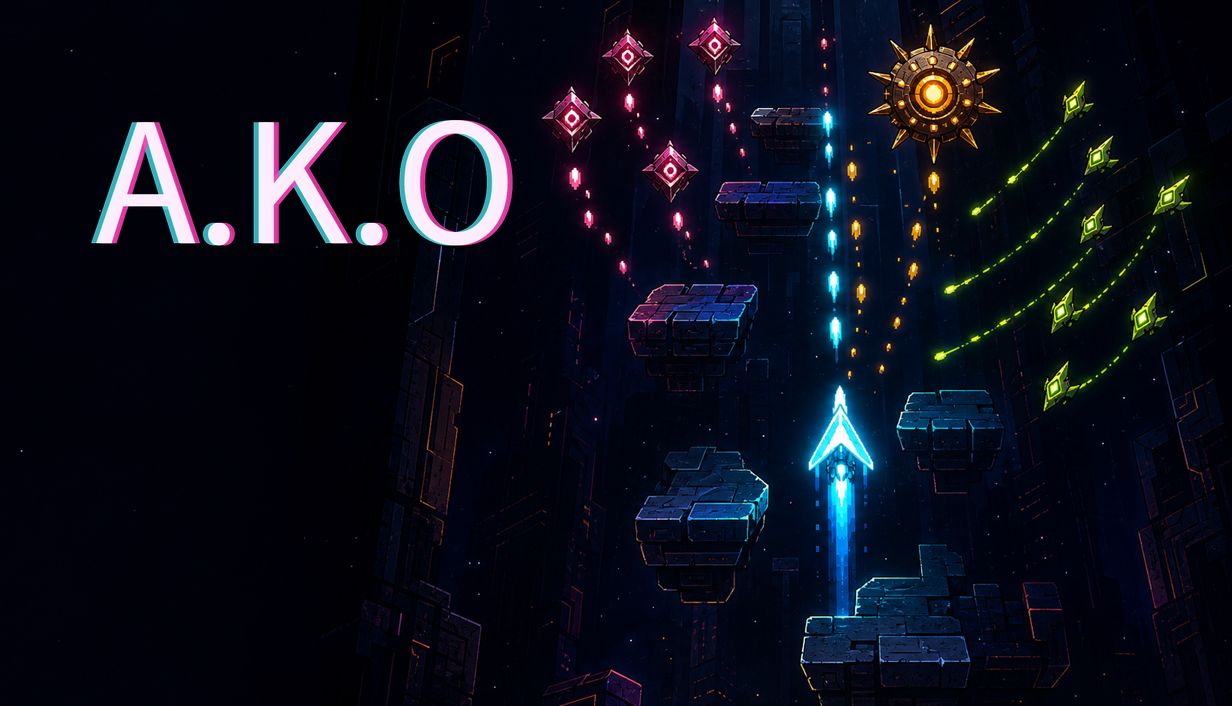 A.K.O key art showing a neon vertical climb, platforms, enemies, and colored attack patterns